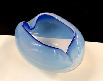 Opaque Blue White Murano Mid Century Modern Art Glass Bowl