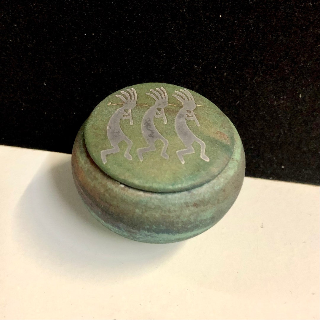 Jeremy Diller Miniature Raku Pottery Lidded Pot Three Kokopelli