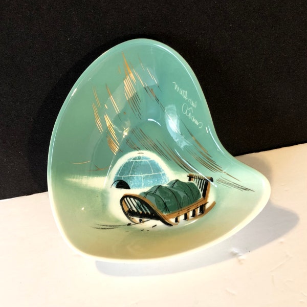 Matthew Adams Dog Sled and Igloo Hand Painted Boomerang Bowl Alaskan Inuit Eskimo Mid Century Modern