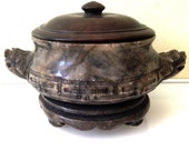 Antique Carved Chinese Soapstone Censer Bowl With Lid Foo Dog Handles