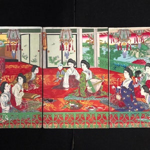 Mishima Shoso Women Musicians Triptych 1878 Japanese Woodblock Prints Free Shipping