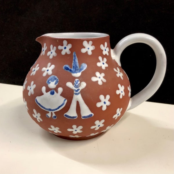 Zeuthen Denmark Ceramic Hand Painted Pitcher Danish Modern Red Ware Pottery