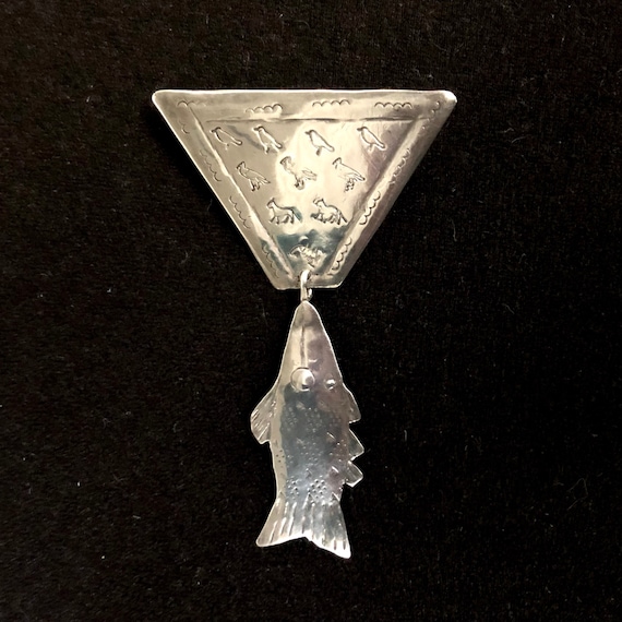 Funky Fish Modernist Sterling Silver Brooch Signe… - image 1