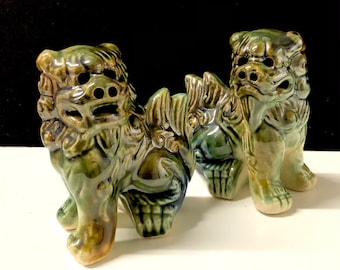 Pair of Chinese Ceramic Foo Lion Dogs Green Blue Glaze 4”H