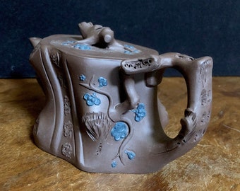 Chinese Yixing Clay Teapot with Branches and Blue Flowers