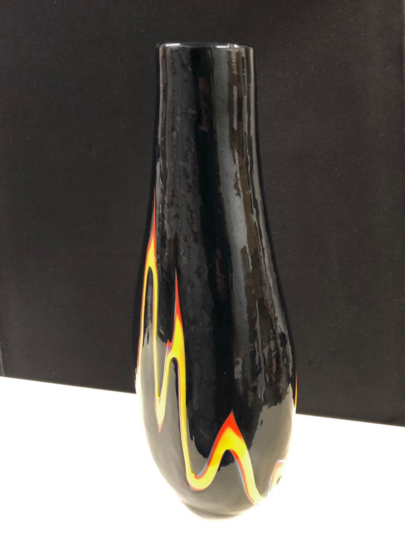 Large Azerbaijan Mottled Black Glass Vase with Flame Decoration 16H image 2