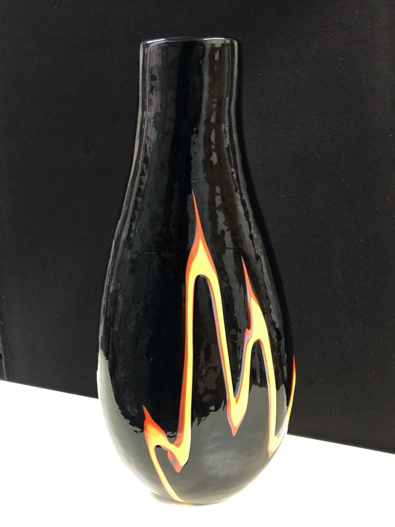 Large Azerbaijan Mottled Black Glass Vase with Flame Decoration 16H image 3