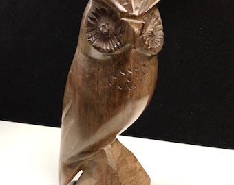 Hoot! Hoot! Hand Carved Wood Ironwood Owl Sculpture 9”H Mid Century Modern