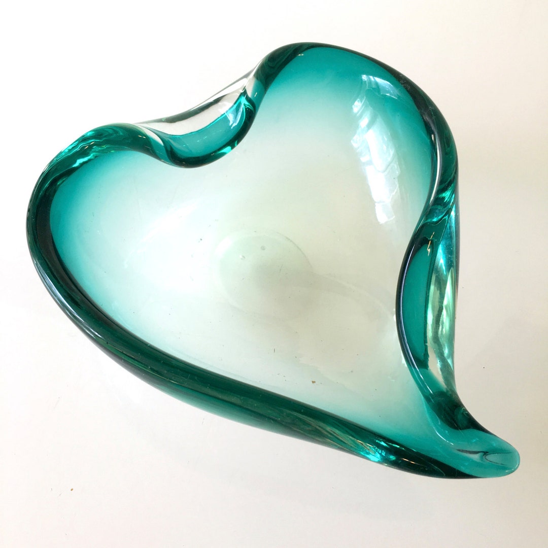 Mid Century Modern Murano Heart Shaped Glass Bowl Green Rim Etsy