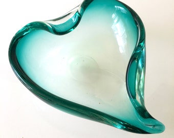 Mid Century Modern Murano Heart Shaped Glass Bowl Green Rim Barbini?