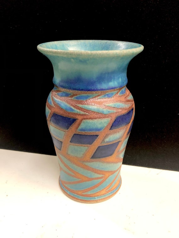 Foxlo Pottery Wax Resist Stoneware Vase 7.5H Free Shipping 