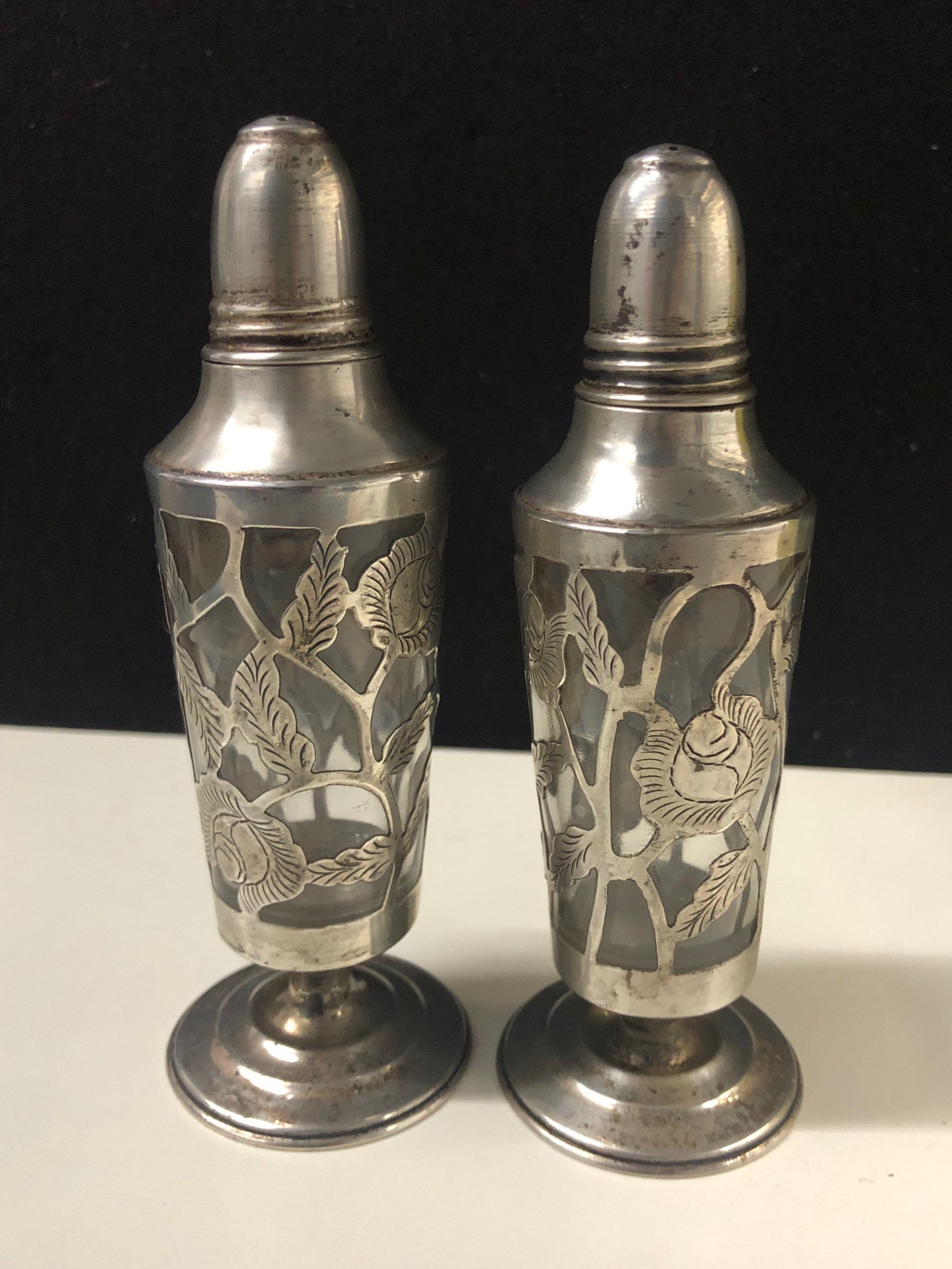 Sterling Silver Overlay Glass Salt and Pepper Shakers