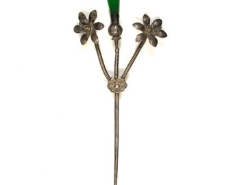 Vintage Chinese Green Jadeite Jade Hairpin with Coiled Spring Flowers