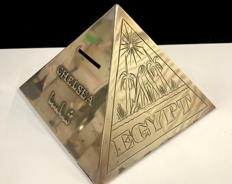 Vintage Brass Chelsea Bank Egyptian Pyramid Coin Bank Arabic Hieroglyphics