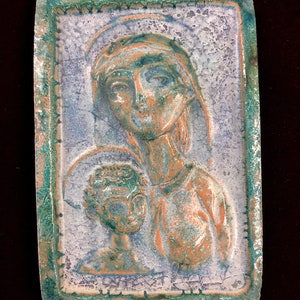 Vintage Petucco e Tolio Blue Madonna and Child Ceramic Wall Tile Italian Mid Century Modern Pottery Free Shipping