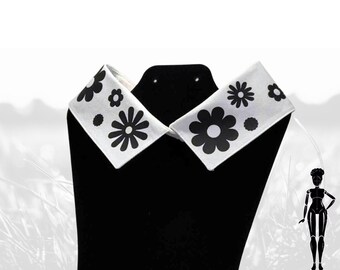 White Classic Detachable Collar with Graphic Vinyl Black Floral Pattern and Button Closure - false collar, faux collar, fake collar