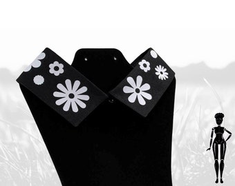 Black Classic Detachable Collar with Graphic Vinyl White Floral Pattern and Button Closure - false collar, faux collar, fake collar