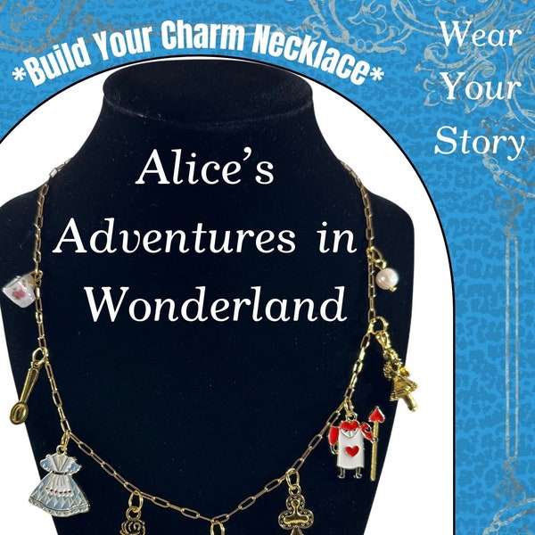 Build a Custom Alice in Wonderland Charm Necklace, Paperclip Chain, Pick Charms, Personalized Gift Mixed Metal Jewelry Bookish Accessories