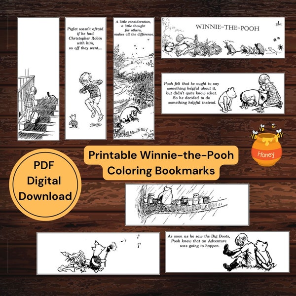 Printable Winnie the Pooh Coloring Bookmarks, Classic Book Cover Book Marker, Childrens Books Illustration Page Holder, Digital Download