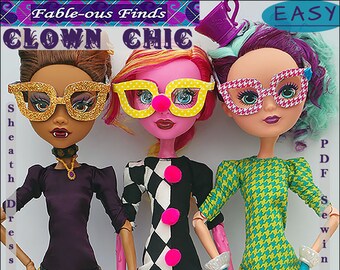 Clown Chic PDF Sewing Pattern fits 17 inch Monster High Doll, like Gooliope - Instant PDF Download circus doll clothes pattern clown glasses