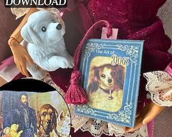 Miniature Printable Dogs Book of Art with Inside Pages | Mini Tassel Bookmark | DIY Dog Art History 1/6 Scale Painting, PDF Digital Download