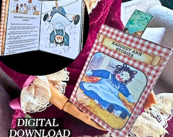 Printable Miniature Raggedy Ann Stories Book with Inside Pages | DIY 1/6 Scale Mini Tassel Bookmark PDF Digital Download Rag Doll