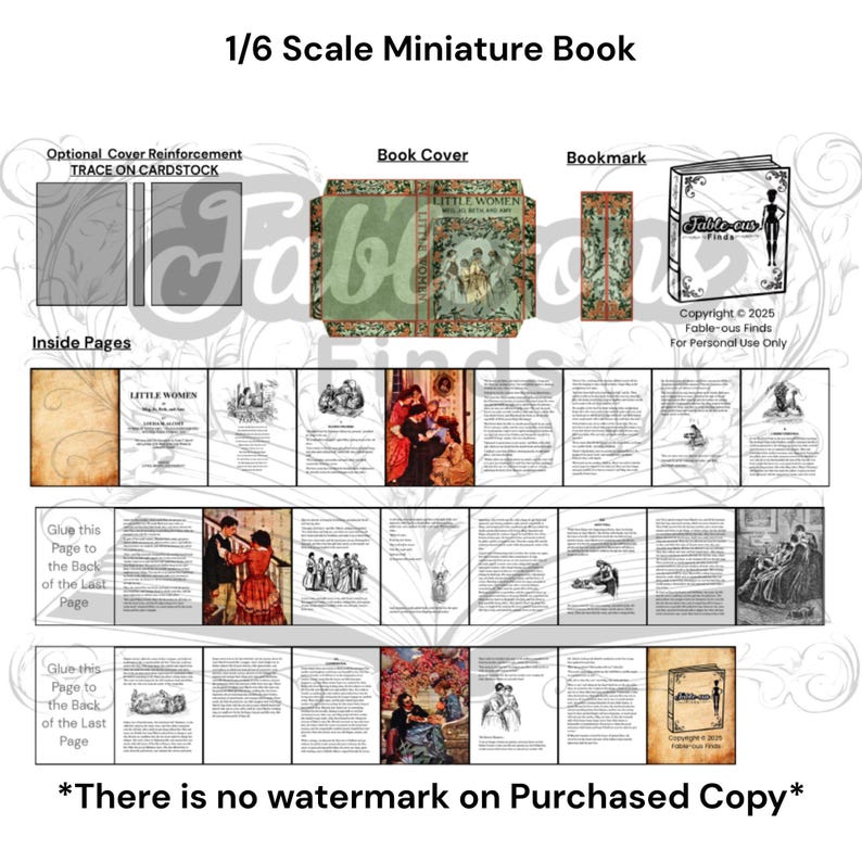 May include: A 1/6 scale miniature book kit with pages, cover, and bookmark. The book cover features the title "Little Women" and illustrations. Includes instructions for assembly. Text on the image: "Fable-ous Finds" and "For Personal Use Only."