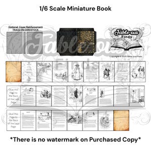 May include: A 1/6 scale miniature book kit with a cover and pages. The cover is dark with a gold design. The pages feature illustrations and text. The text includes "Pride and Prejudice". The kit includes instructions and the text "Trace on Cardstock".