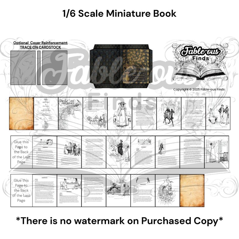 May include: A 1/6 scale miniature book kit with a cover and pages. The cover is dark with a gold design. The pages feature illustrations and text. The text includes "Pride and Prejudice". The kit includes instructions and the text "Trace on Cardstock".