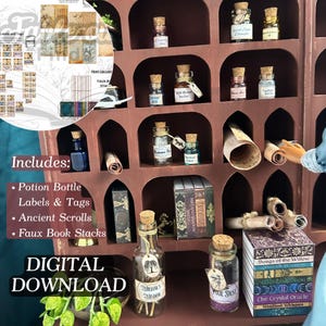 May include: A digital download featuring potion bottle labels and tags, ancient scrolls, and faux book stacks. The image shows a dark brown shelf filled with miniature glass bottles with cork stoppers, scrolls, and small books. The text "DIGITAL DOWNLOAD" is visible.