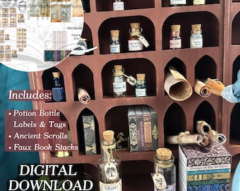 Printable Miniature Fairy Spell Chamber Accessories Set Kit, Scrolls, Potion Bottles, Books -1/6 Scale PDF Digital Download Mini Magic Room