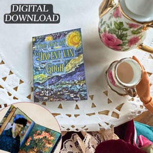 Peut inclure: Un livre miniature intitulé "The Art of Vincent Van Gogh" avec une peinture de ciel étoilé de nuit sur la couverture. Le livre est posé sur une surface blanche avec une dentelle.