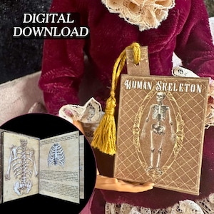 May include: A miniature book titled "HUMAN SKELETON" with an illustration of a human skeleton. The book is brown with gold accents and a yellow tassel. The open pages show skeletal and anatomical drawings. The words "DIGITAL DOWNLOAD" are in the upper left corner.