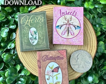 Printable 3 Nature Mini Books with Inside Pages DIY BUNDLE, Quick Craft | 1/6 Scale Miniature Book, PDF Digital Download, Herb Bug Reference