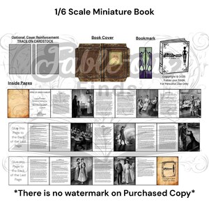 May include: A 1/6 scale miniature book with a brown book cover, bookmark, and inside pages. The book cover is brown with a picture in the center. The bookmark is purple and green. The inside pages have text and illustrations. The text "ANNE OF GREEN GABLES" is visible.