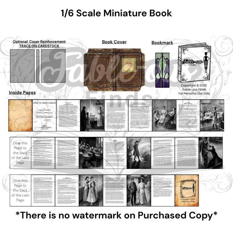 May include: A 1/6 scale miniature book with a brown book cover, bookmark, and inside pages. The book cover is brown with a picture in the center. The bookmark is purple and green. The inside pages have text and illustrations. The text "ANNE OF GREEN GABLES" is visible.