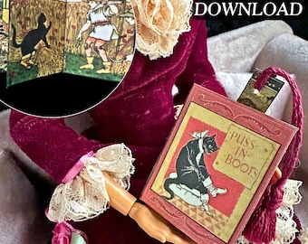 Mini Printable Puss in Boots Book with Inside Pages, DIY 1/6 Scale Cat Storybook Miniature Bookmark, PDF Digital Download Junk Journal Scrap