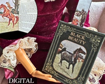 Black Beauty Miniature Printable Book with Inside Pages | DIY Fun Horse Book Craft | Mini Tassel Bookmark, 1/6 Scale, PDF Digital Download