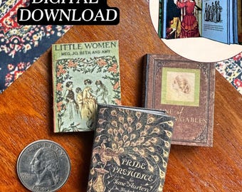 Mini libri stampabili con 3 eroine senza tempo con pagine interne, pacchetto fai da te / Libro in miniatura in scala 1/6, download digitale PDF, Orgoglio e pregiudizio
