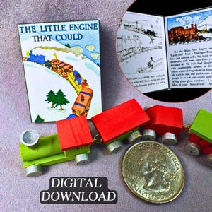 Könnte beinhalten: Ein Miniatur-Holzzug mit roten, grünen und silbernen Akzenten, verbunden durch goldfarbene Ketten. Ein kleines Buch mit dem Titel "The Little Engine That Could" ist sichtbar. Eine Vierteldollarmünze liegt neben dem Zug. Die Worte "DIGITAL DOWNLOAD" stehen unten.