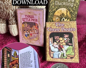 Mini Printable 3 Childrens Books with Inside Pages DIY BUNDLE | 1/6 Scale Miniature Book, PDF Digital Download, Three Bears, Ugly Duckling
