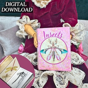 May include: A pink book with the word "Insects" on the cover. The book features a vintage illustration of a praying mantis with pink and green wings. The book is being held by a doll wearing a burgundy dress with lace trim.