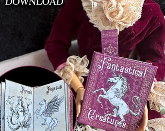 Printable Fantastical Creatures Miniature Book with Inside Pages | DIY Mini Tassel Bookmark, 1/6 Scale, PDF Digital Download Halloween Magic