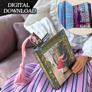 May include: A miniature book titled "The Secret Garden" with a pink tassel bookmark. The cover features an illustration of a child in a red coat. The words "DIGITAL DOWNLOAD" are in the upper left corner.
