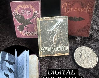 Mini Printable 3 Gothic Horror Books with Inside Pages DIY BUNDLE | 1/6 Scale Miniature Book, PDF Digital Download, Halloween Dracula Raven