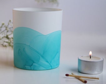 large hand painted teal candle holder, unique gift, tea light holder