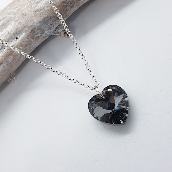 Black Diamond Sterling Silver Swarovski Crystal Necklace loads of colours, gift for her, birthday gift, heart pendant