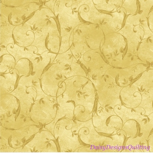 May include: A seamless pattern featuring a repeating design of stylized gold vines and leaves on a light yellow background.