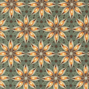 May include: A repeating pattern featuring stylized floral designs. Each flower has brown, orange, and white petals, set against a muted green background with brown polka dots and a subtle geometric pattern.