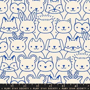 May include: A repeating pattern of various cartoon animals, including foxes, bears, rabbits, and deer, in a blue outline on a cream background. Each animal has a heart-shaped nose. The text "RUBY STAR SOCIETY" is at the bottom.